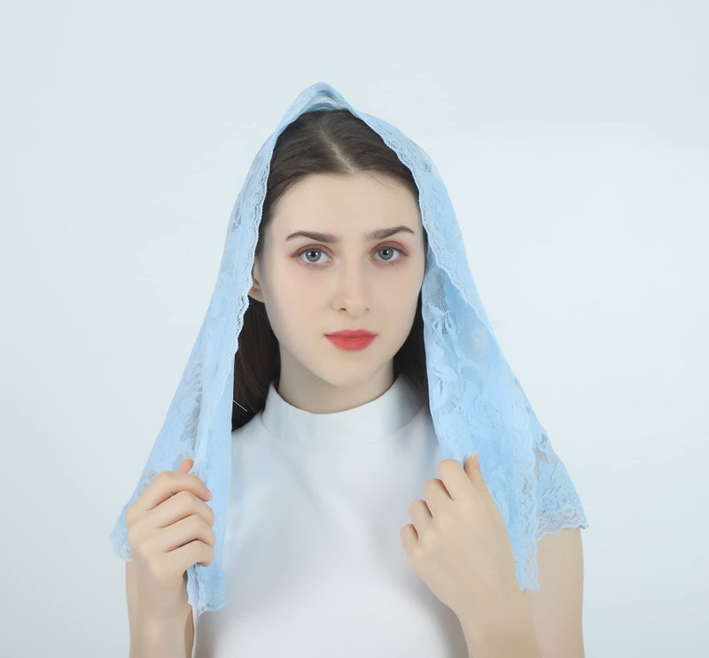 Grettytling Lace Mantilla Veil Soft and comfortable 7 Colors Spanish Style Rose Lace Veil Head Covering D Shape (Blue) - Image 4